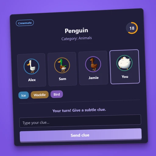 Mockup of Imposter showing the secret word, player cards, clues and clue input