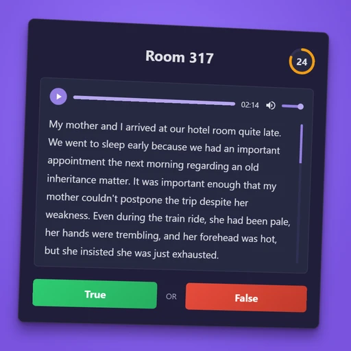 HTML mockup of Mystery Stories with narration controls, story text and True or False buttons
